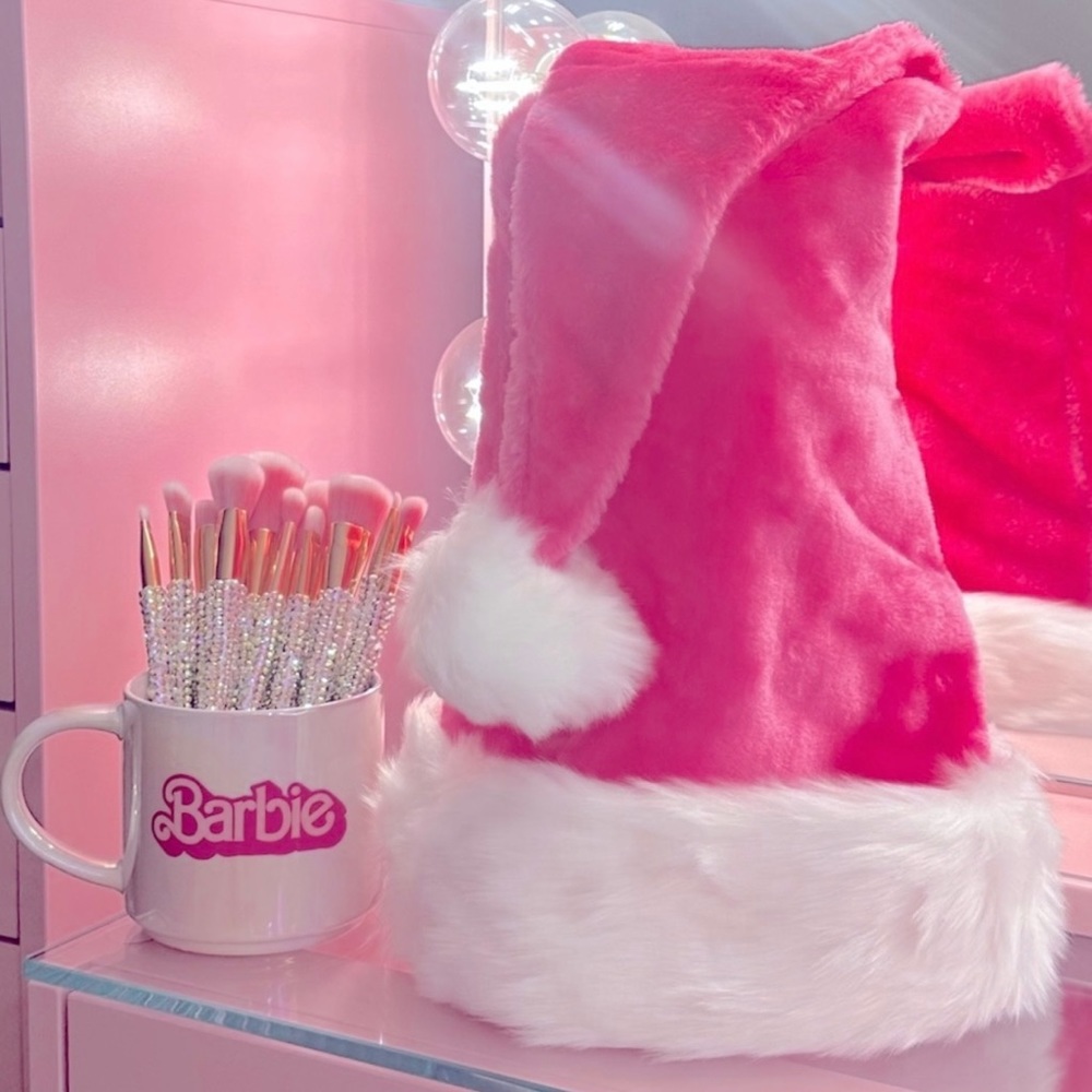 Pink Plush Santa Hat Faux Fur Trim Barbiecore Christmas Decor